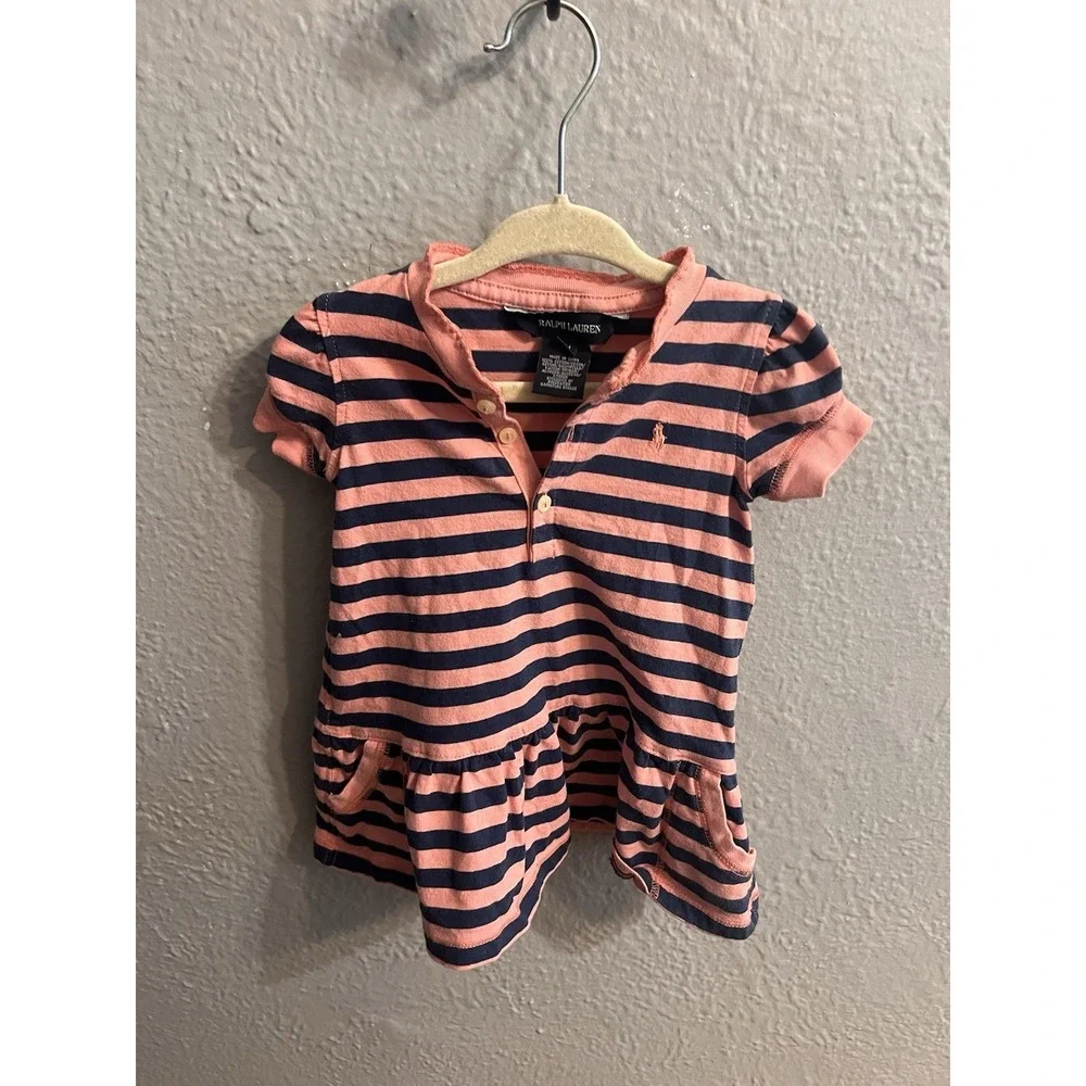 Ralph Lauren Shirt Dress Girls 9m Months Pink & Blue‎ Striped Pony Logo Ruffles